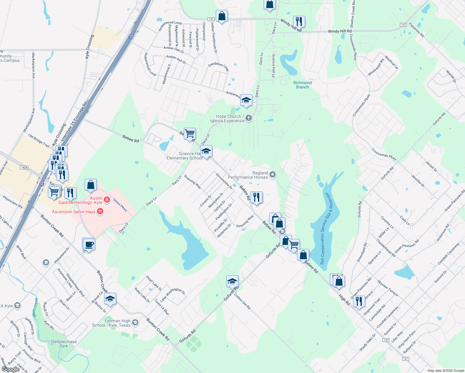 map of restaurants, bars, coffee shops, grocery stores, and more near 211 Devonshire Dr in Kyle