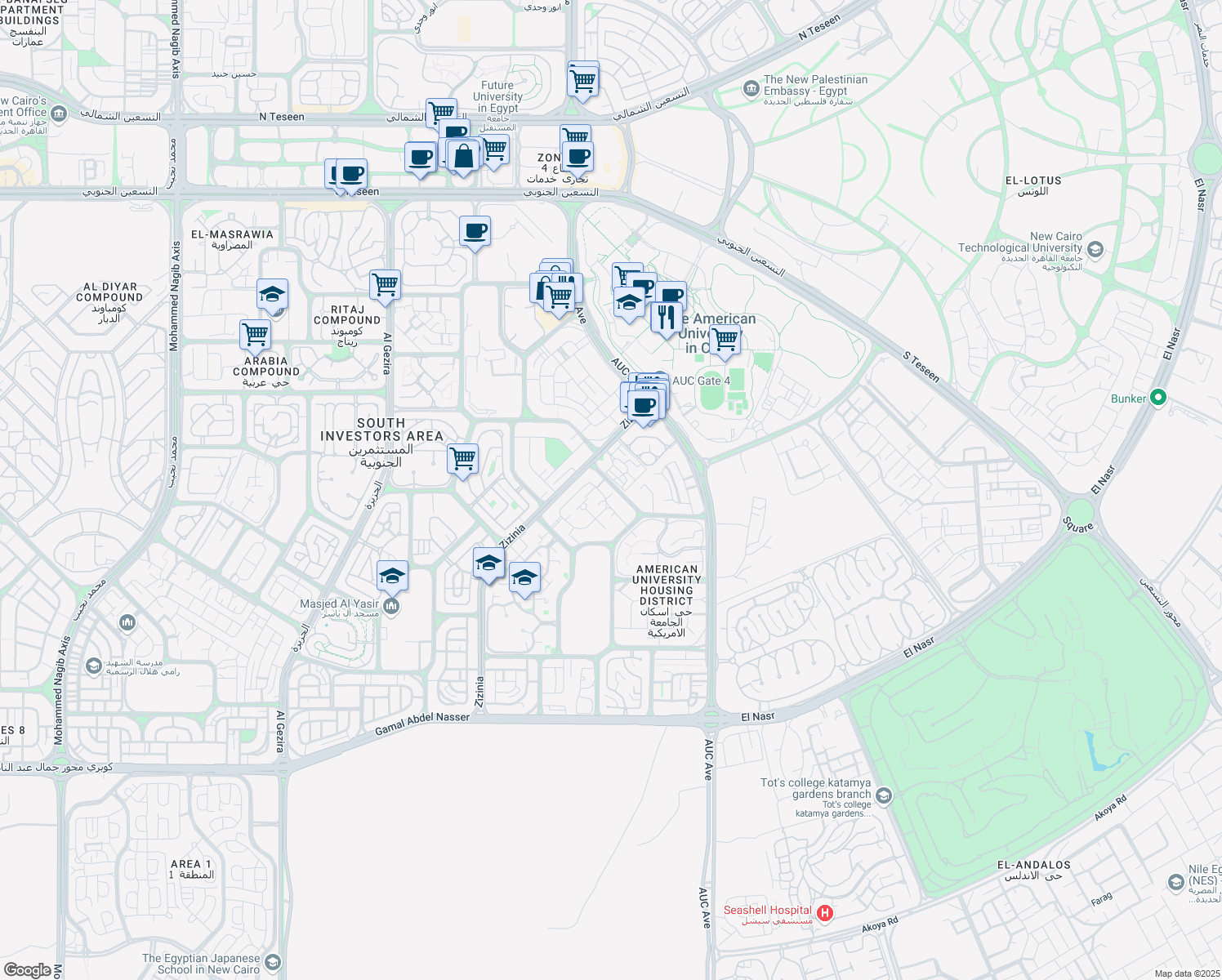 map of restaurants, bars, coffee shops, grocery stores, and more near in New Cairo 1