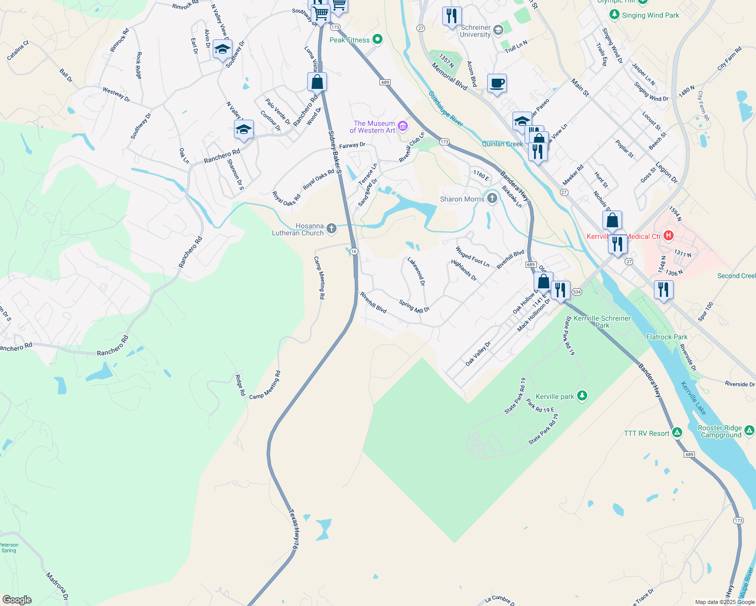 map of restaurants, bars, coffee shops, grocery stores, and more near 204 Riverhill Blvd in Kerrville