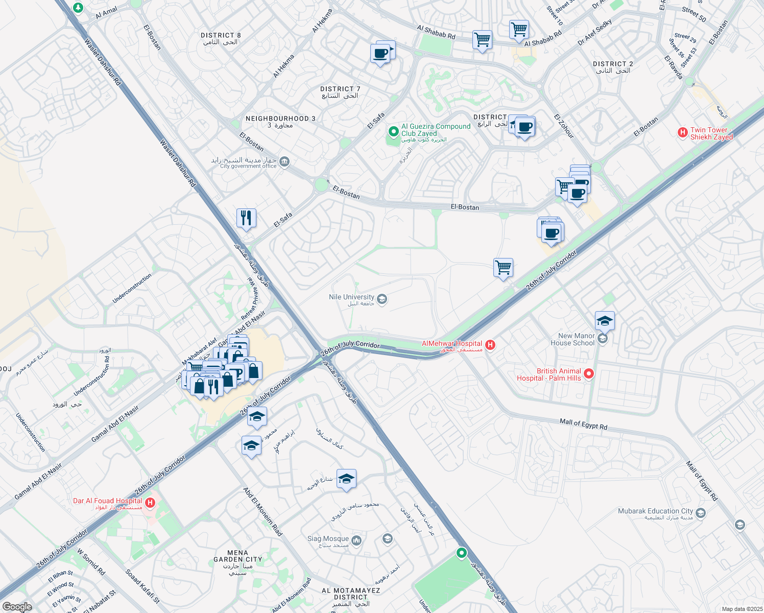 map of restaurants, bars, coffee shops, grocery stores, and more near 26th of July Corridor in First Al Sheikh Zayed
