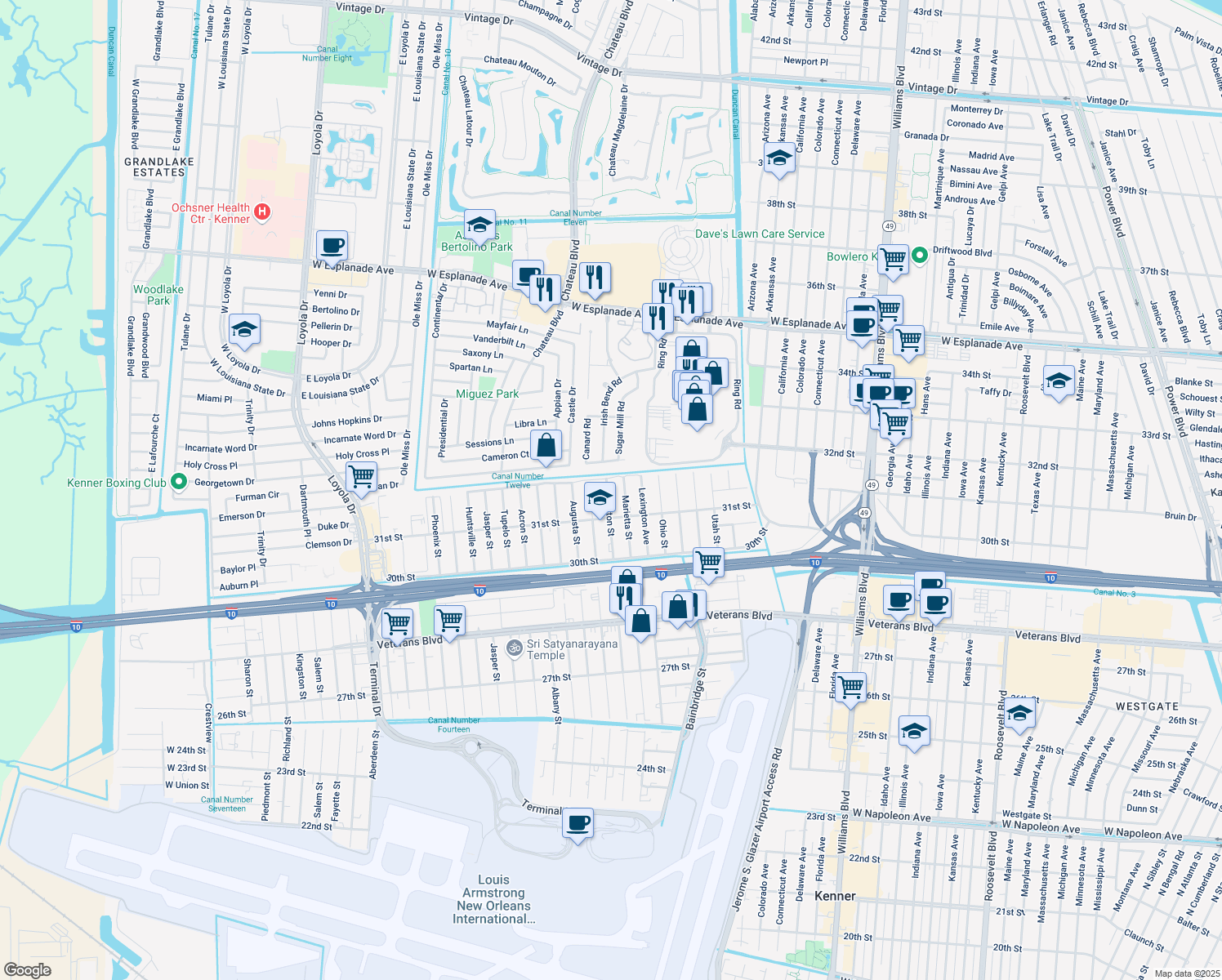 map of restaurants, bars, coffee shops, grocery stores, and more near 3142 Tifton Street in Kenner