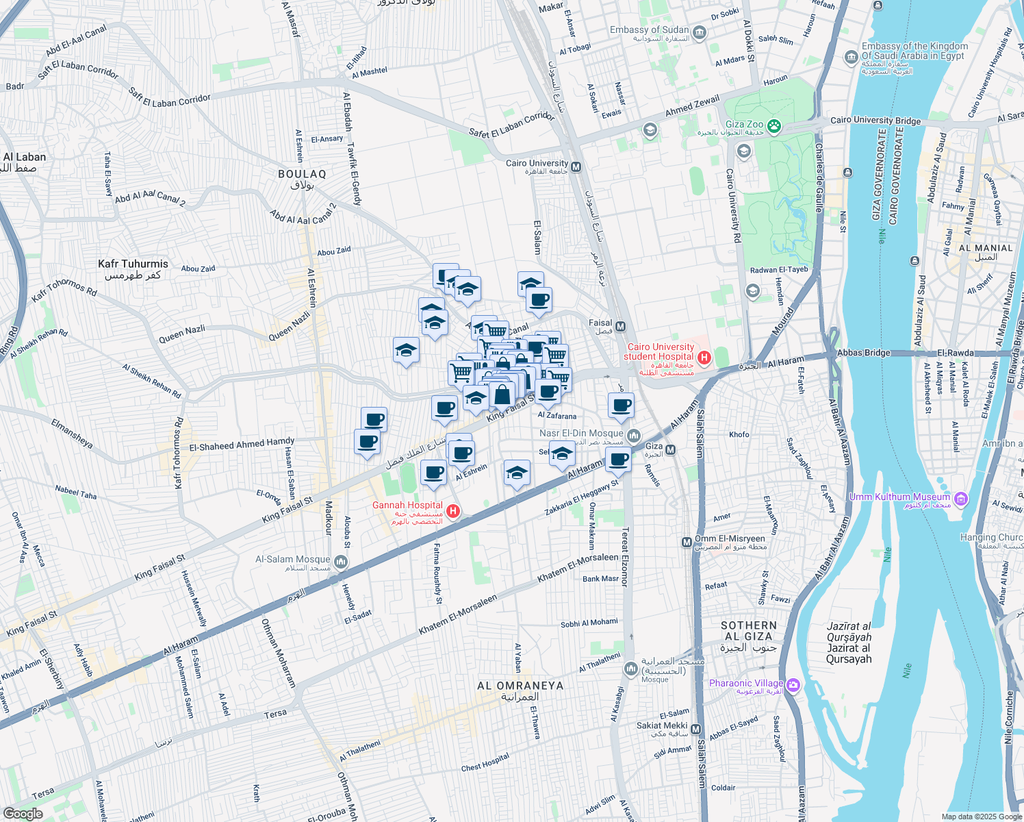 map of restaurants, bars, coffee shops, grocery stores, and more near King Faisal Street in Boulaq Al Dakrour