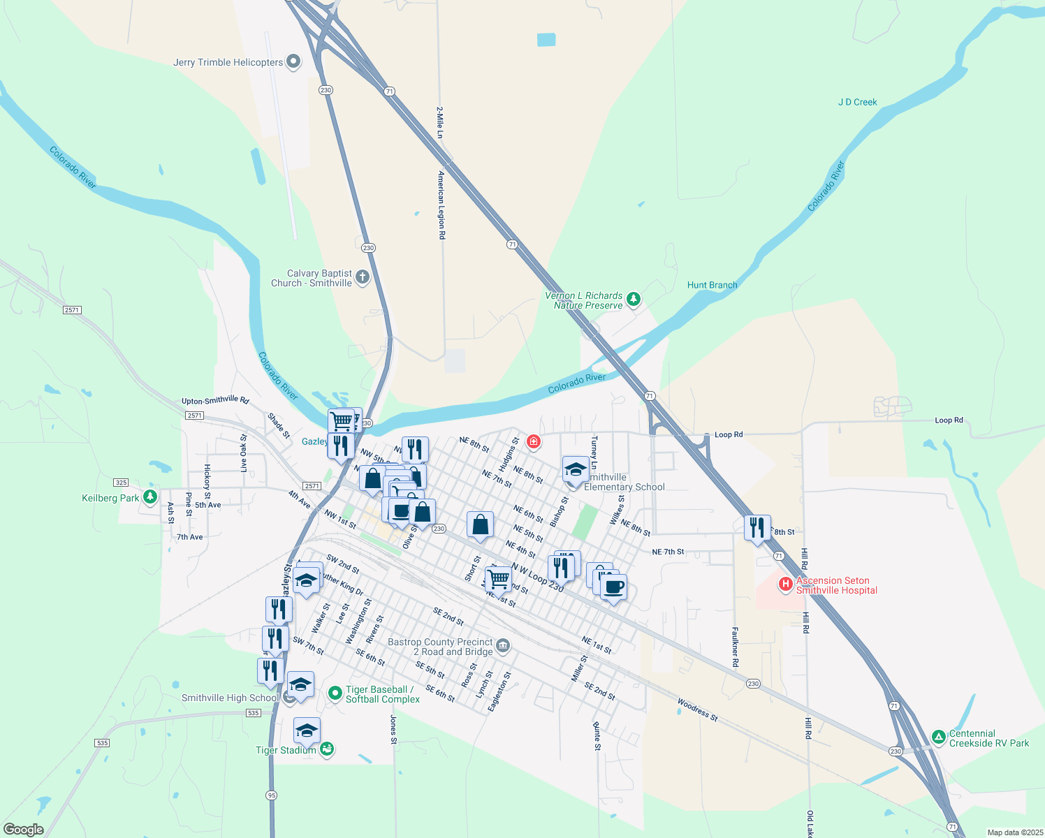 map of restaurants, bars, coffee shops, grocery stores, and more near 501 Colorado Street in Smithville