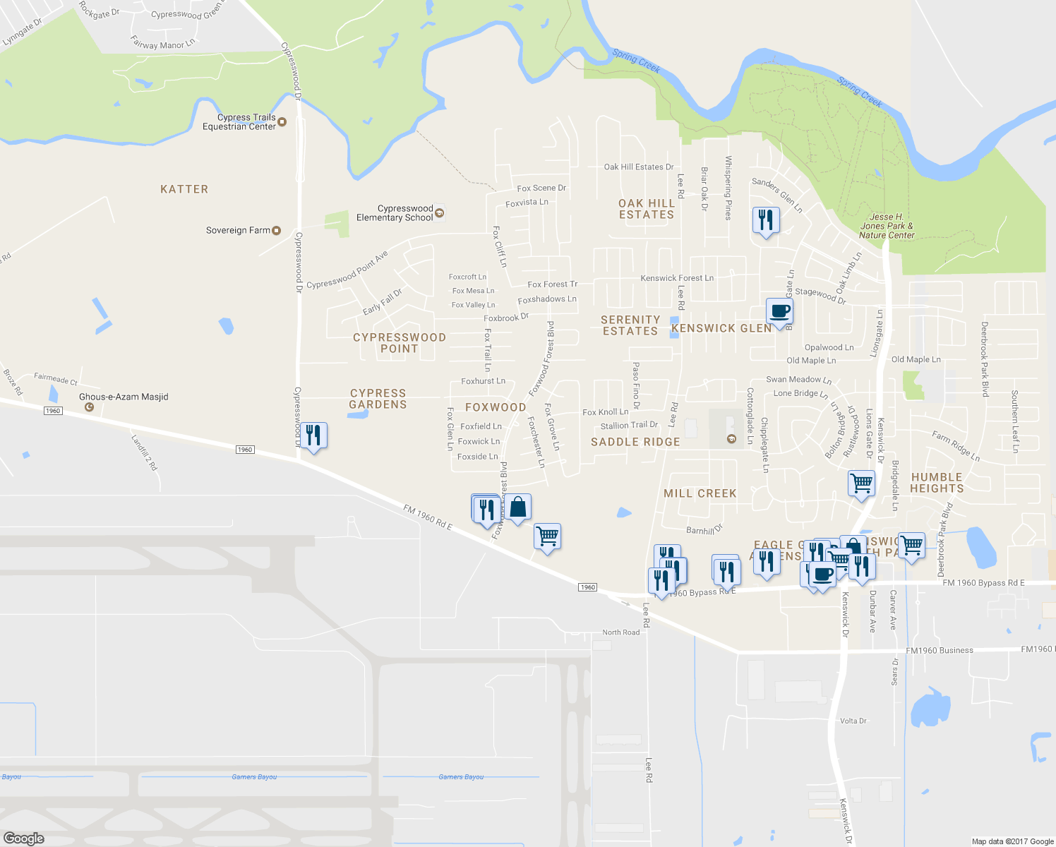 map of restaurants, bars, coffee shops, grocery stores, and more near 20215 Foxchester Lane in Humble