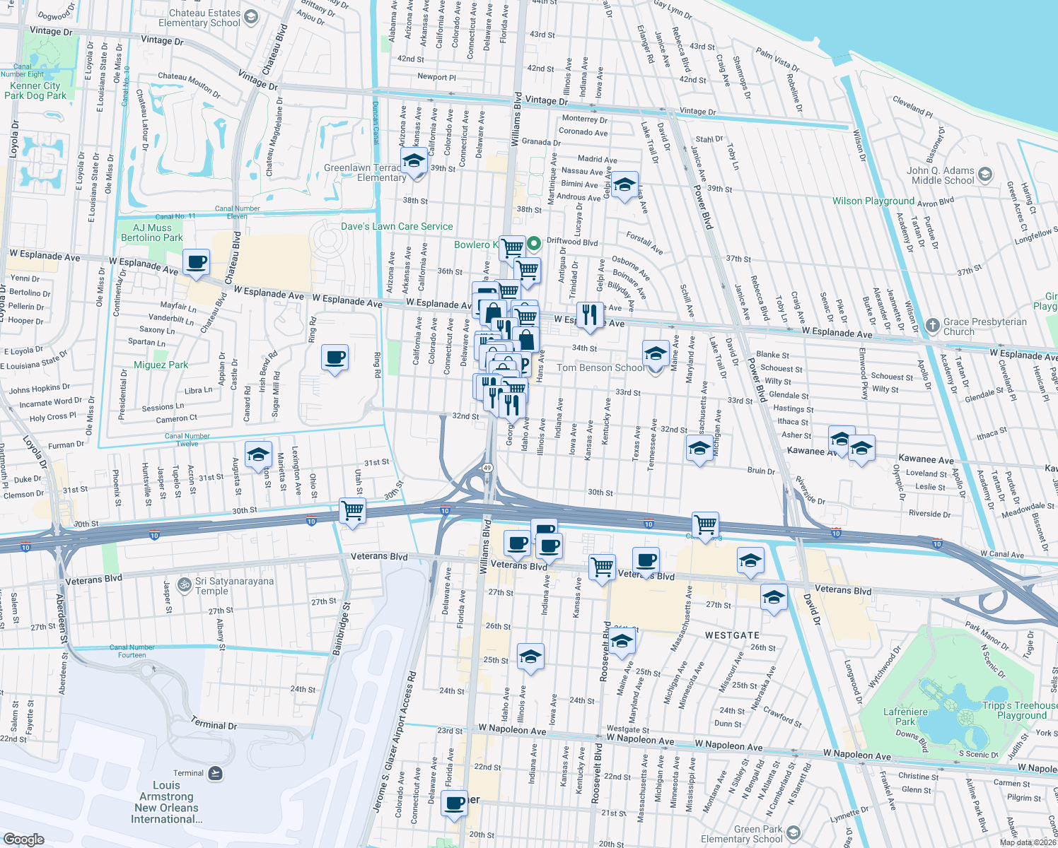 map of restaurants, bars, coffee shops, grocery stores, and more near 3112 Idaho Avenue in Kenner