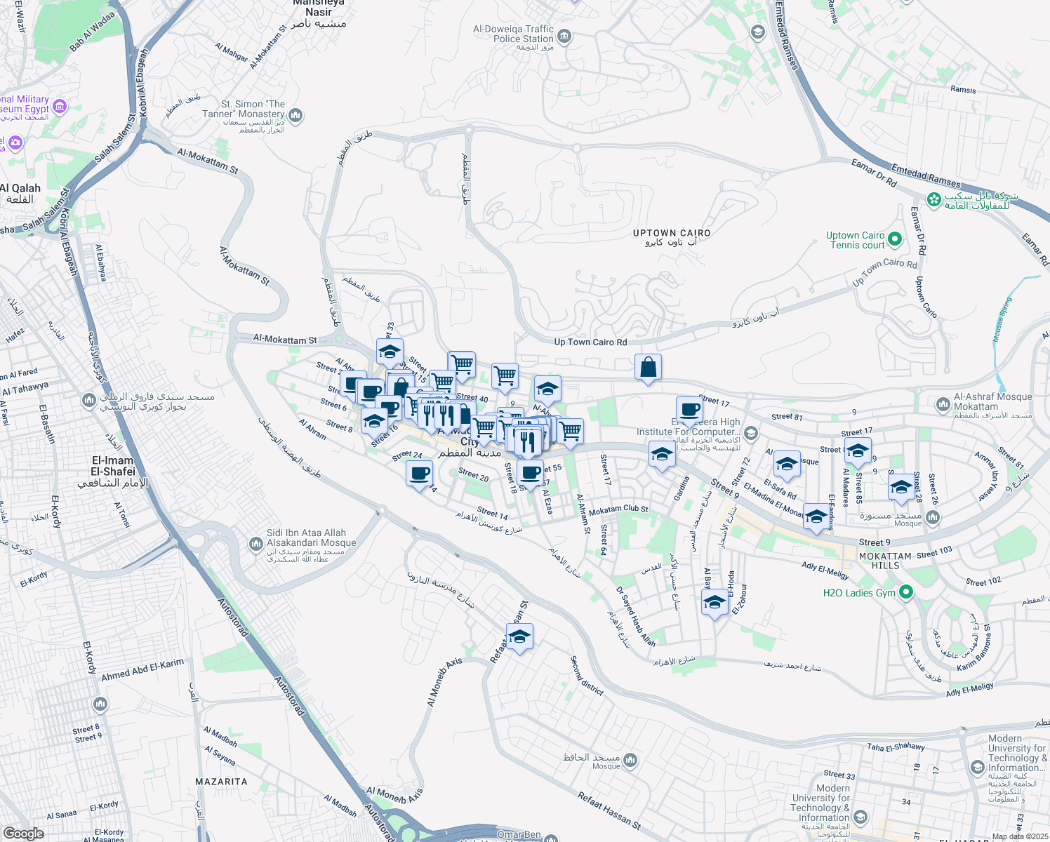 map of restaurants, bars, coffee shops, grocery stores, and more near in El Mokattam