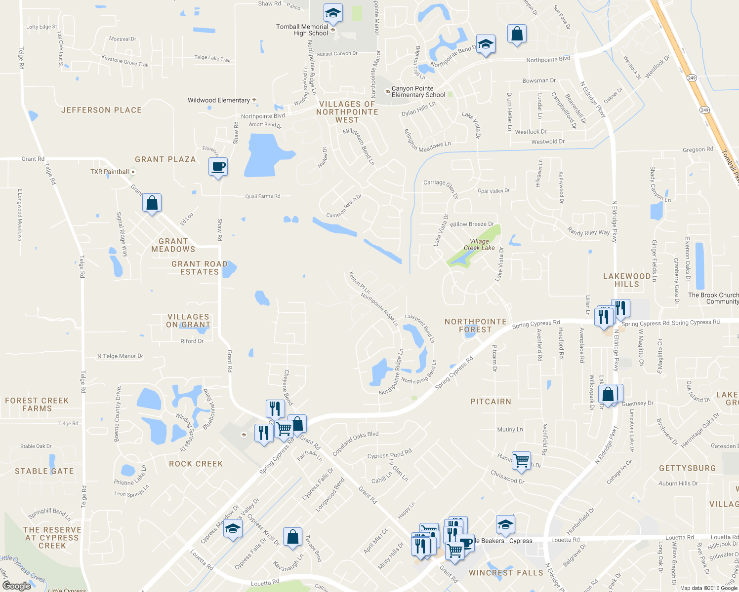 map of restaurants, bars, coffee shops, grocery stores, and more near 12506 Northpointe Ridge Lane in Tomball