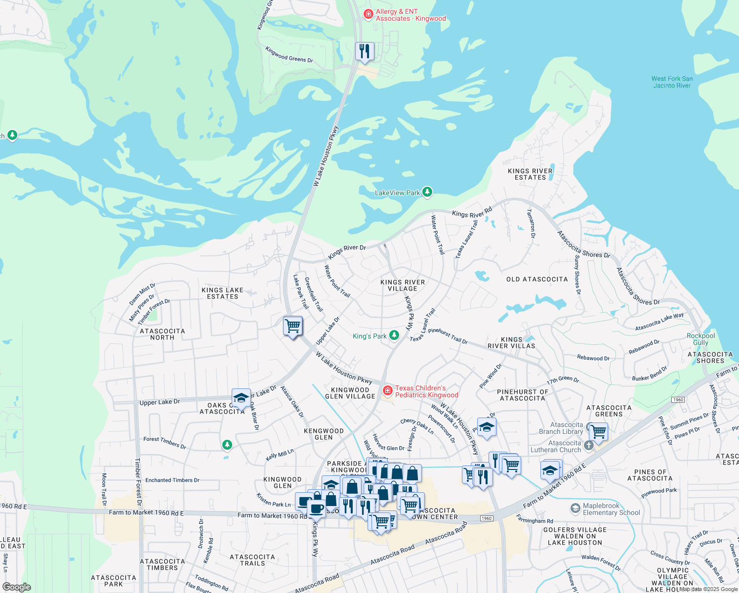 map of restaurants, bars, coffee shops, grocery stores, and more near 20410 Delta Wood Trail in Humble