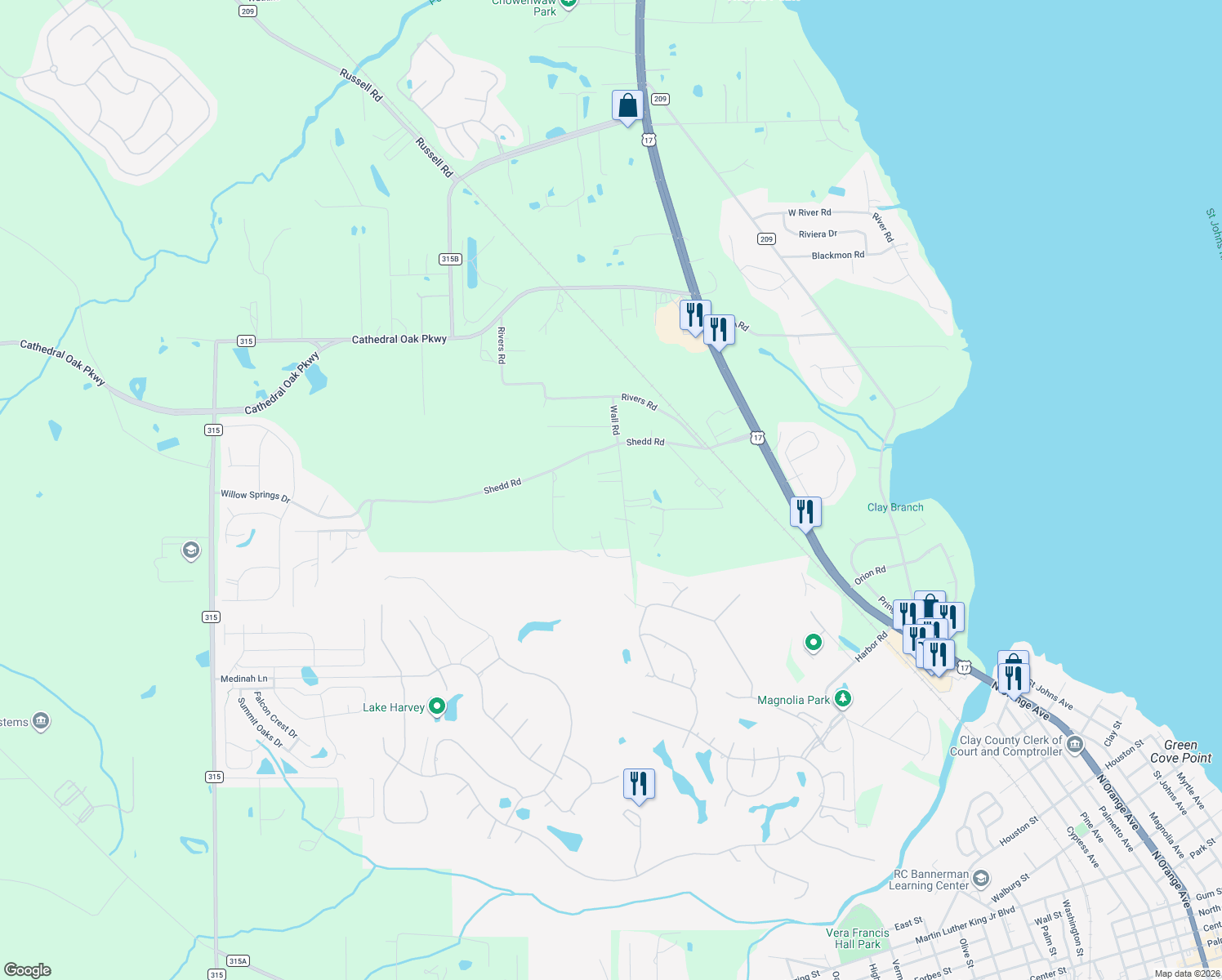 map of restaurants, bars, coffee shops, grocery stores, and more near 3376 Wall Road in Green Cove Springs