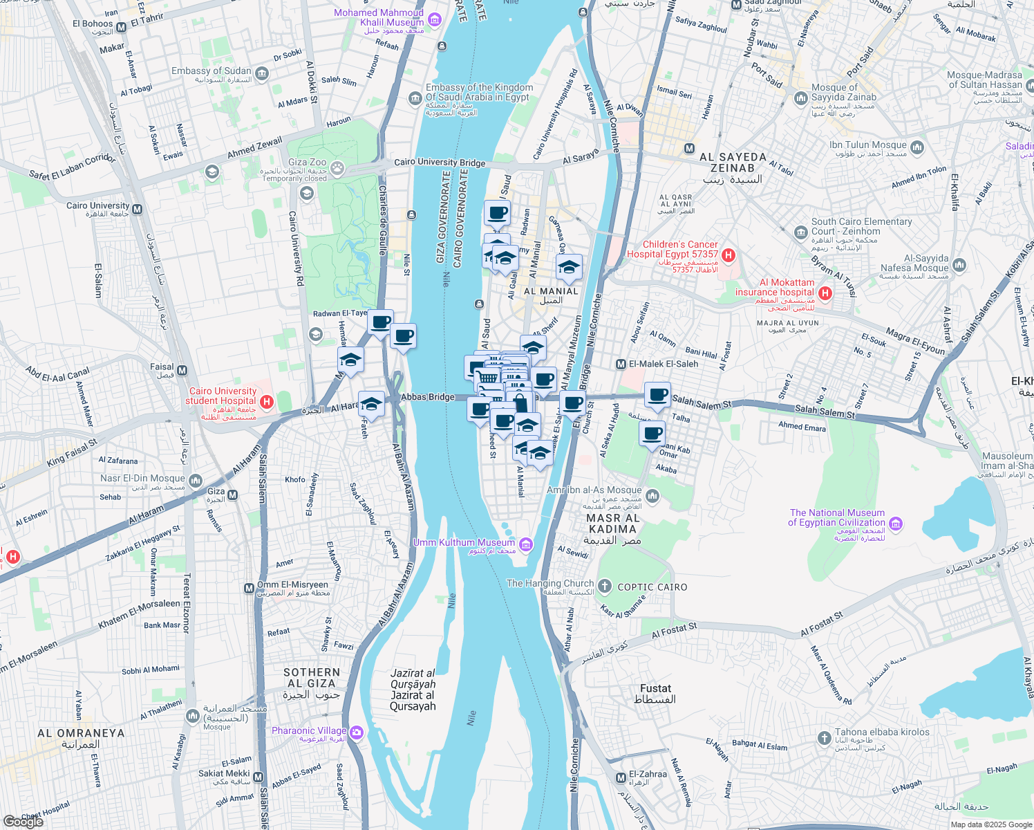 map of restaurants, bars, coffee shops, grocery stores, and more near Al Manial in Al Manial