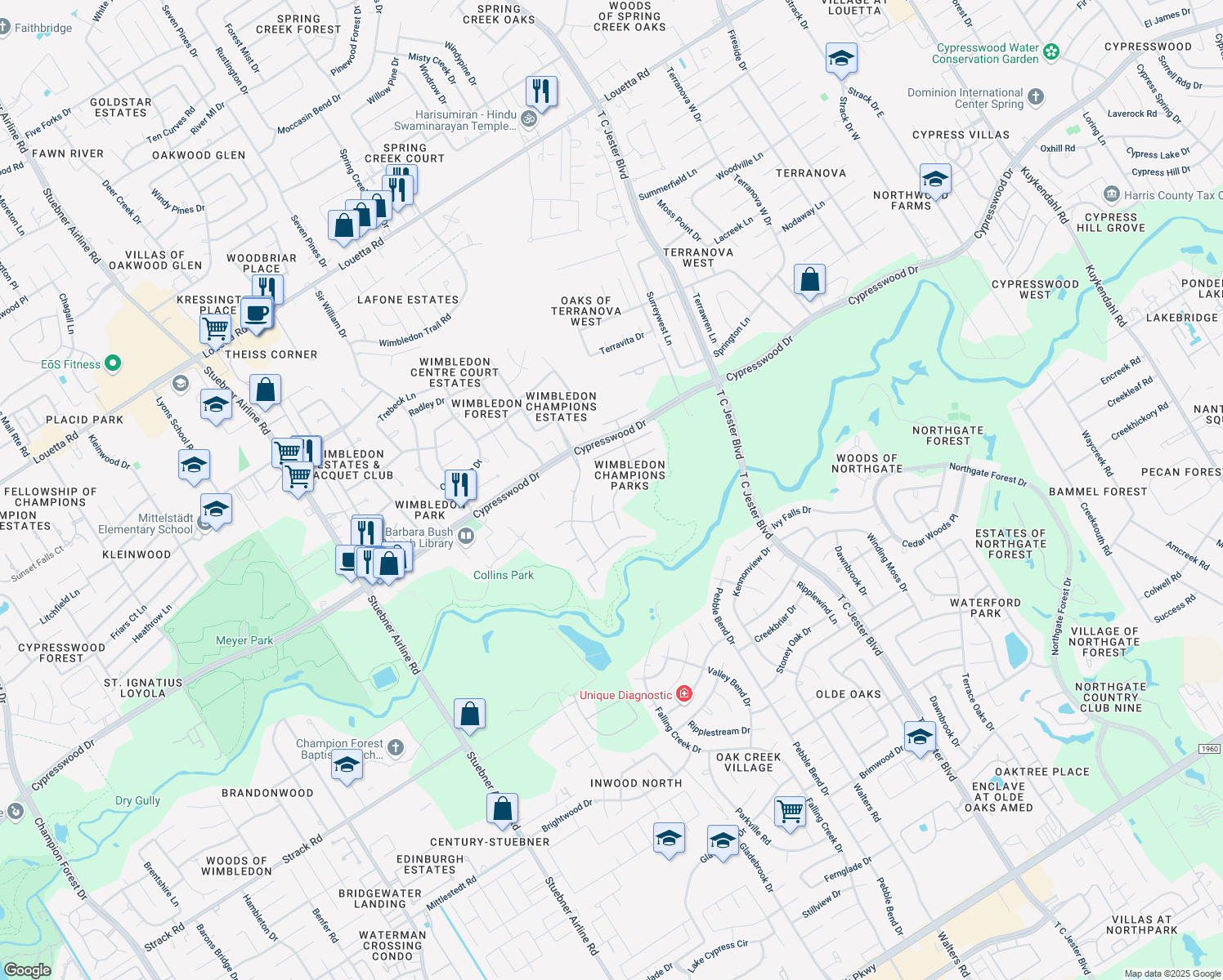 map of restaurants, bars, coffee shops, grocery stores, and more near 6326 Cash Oaks Drive in Spring