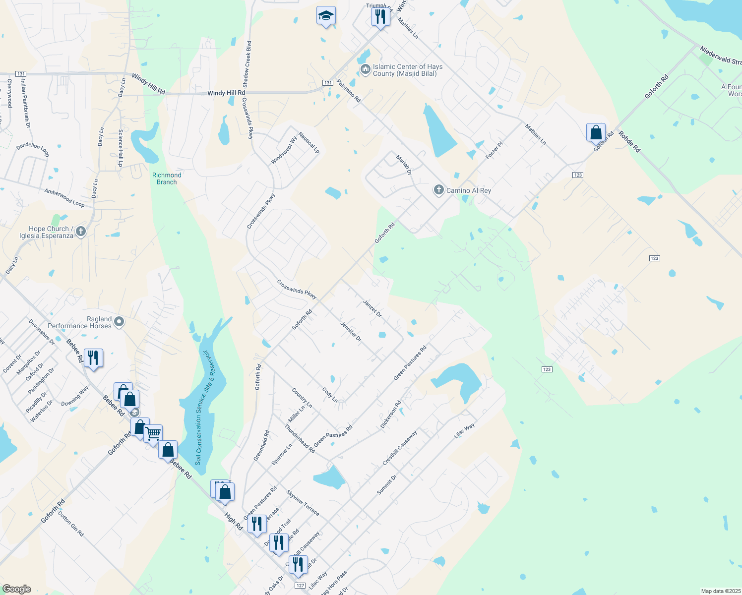 map of restaurants, bars, coffee shops, grocery stores, and more near 203 Janzet Drive in Kyle