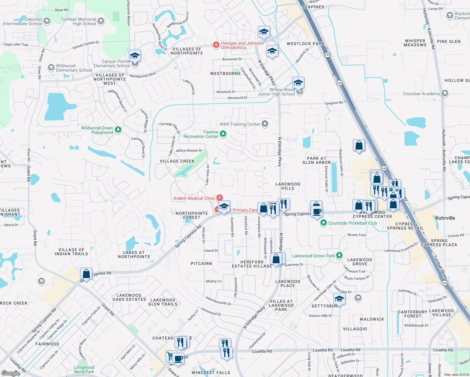 map of restaurants, bars, coffee shops, grocery stores, and more near 12403 Pedder Way Drive in Tomball
