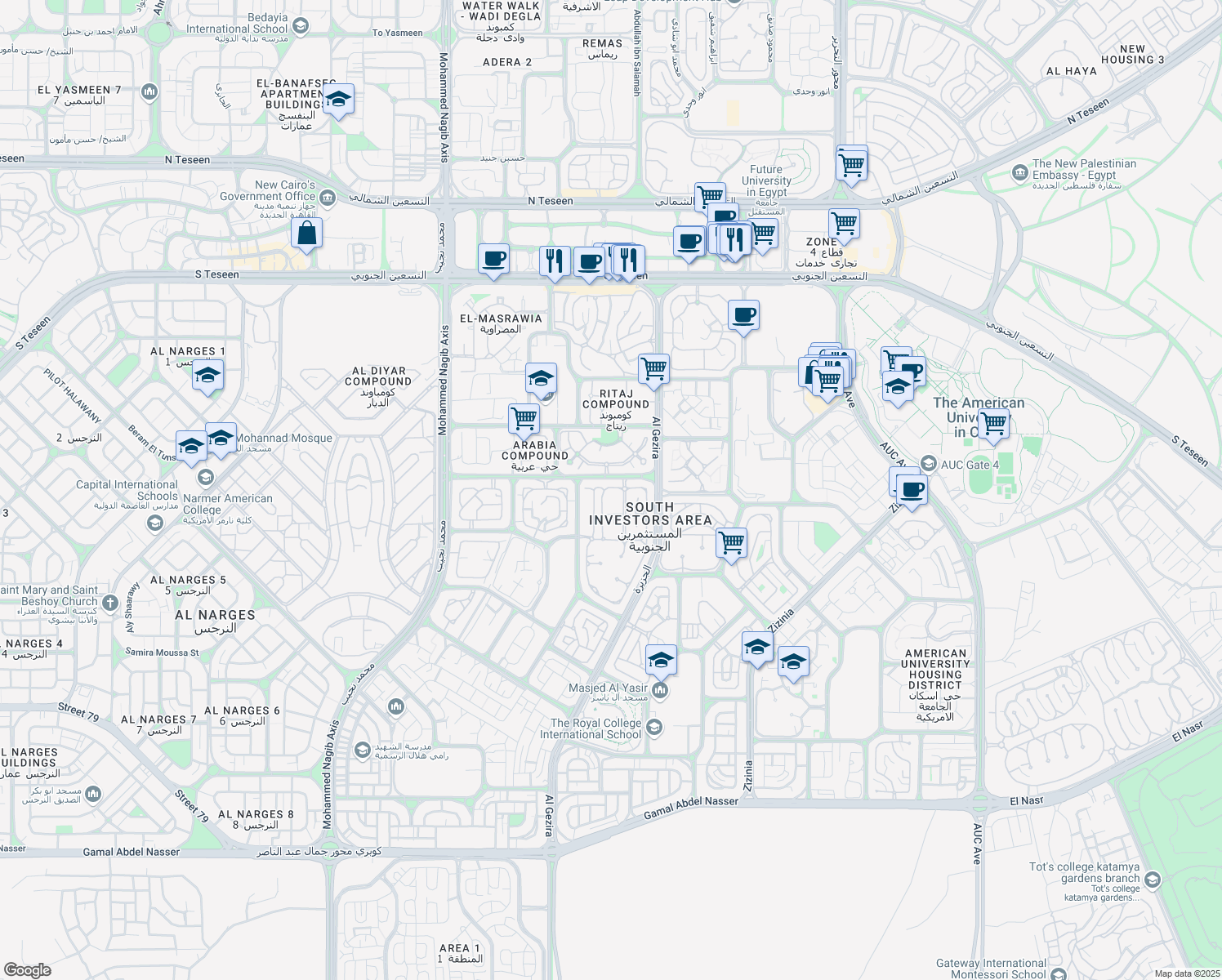 map of restaurants, bars, coffee shops, grocery stores, and more near in New Cairo 1
