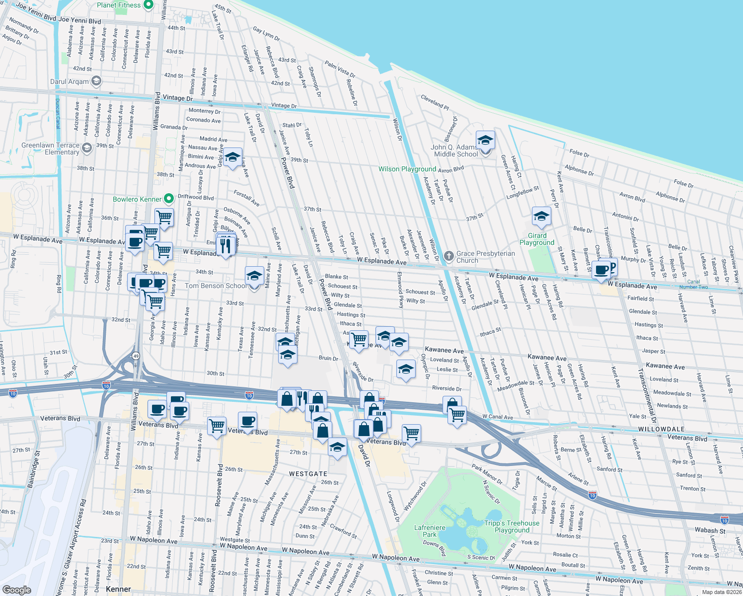 map of restaurants, bars, coffee shops, grocery stores, and more near 6904 Wilty St in Metairie