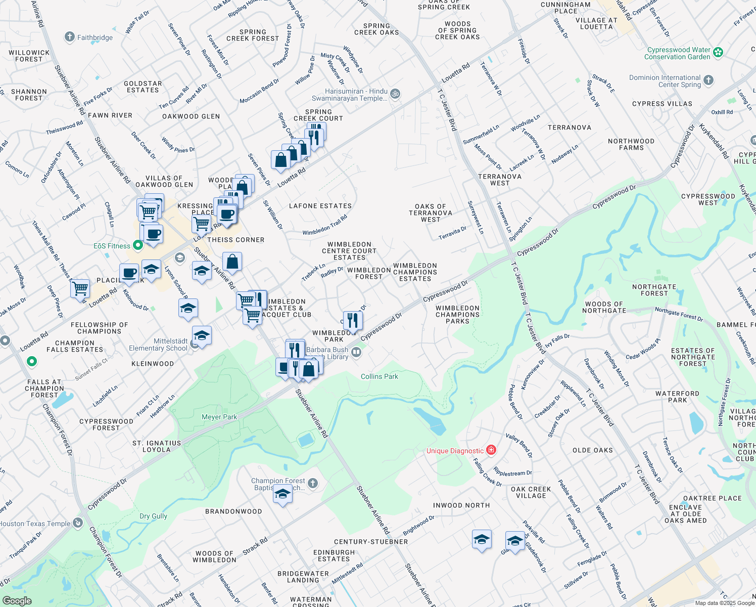 map of restaurants, bars, coffee shops, grocery stores, and more near 16111 Lafone Drive in Spring