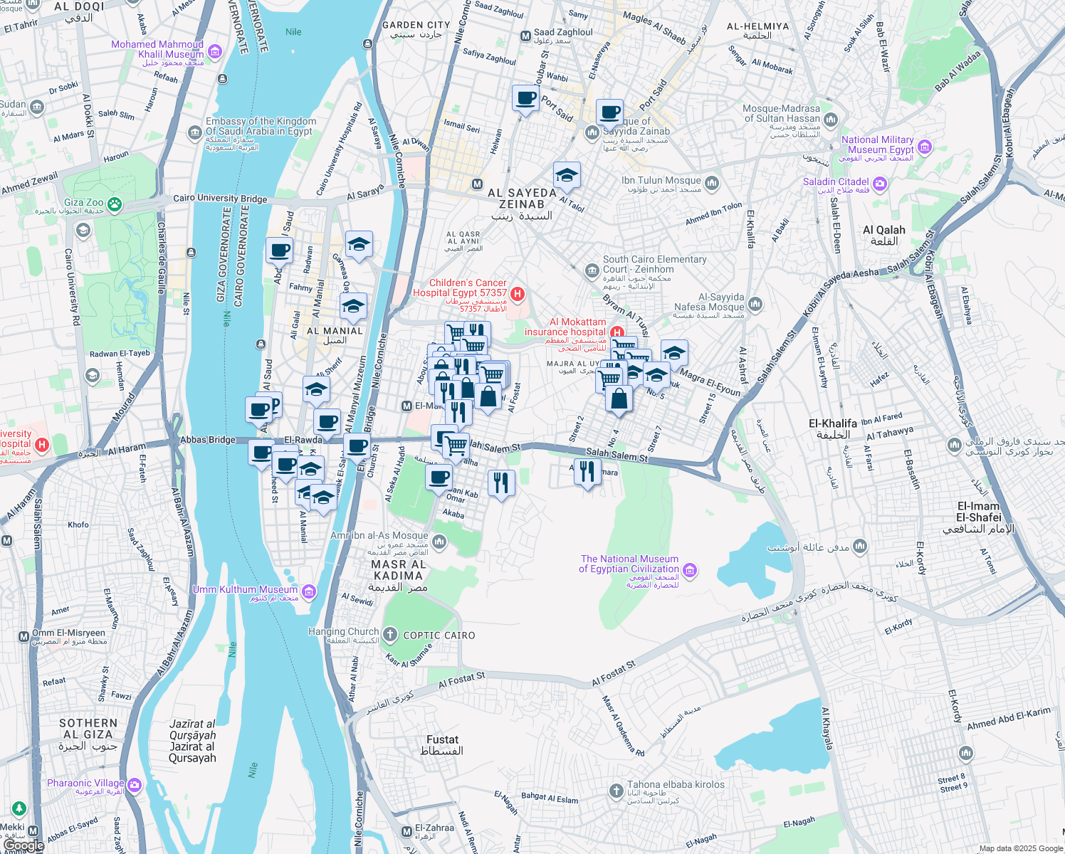map of restaurants, bars, coffee shops, grocery stores, and more near in Old Cairo