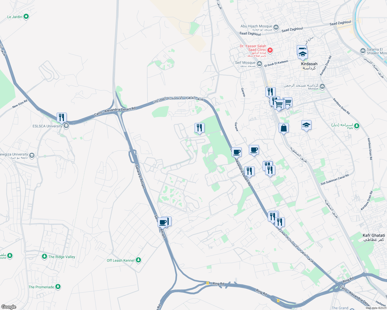 map of restaurants, bars, coffee shops, grocery stores, and more near Cairo - Alexandria Desert Road in Al Haram