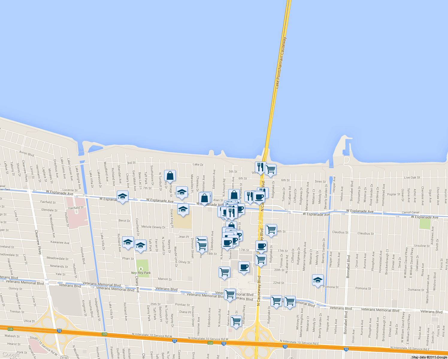 map of restaurants, bars, coffee shops, grocery stores, and more near 3812 North Arnoult Road in Metairie