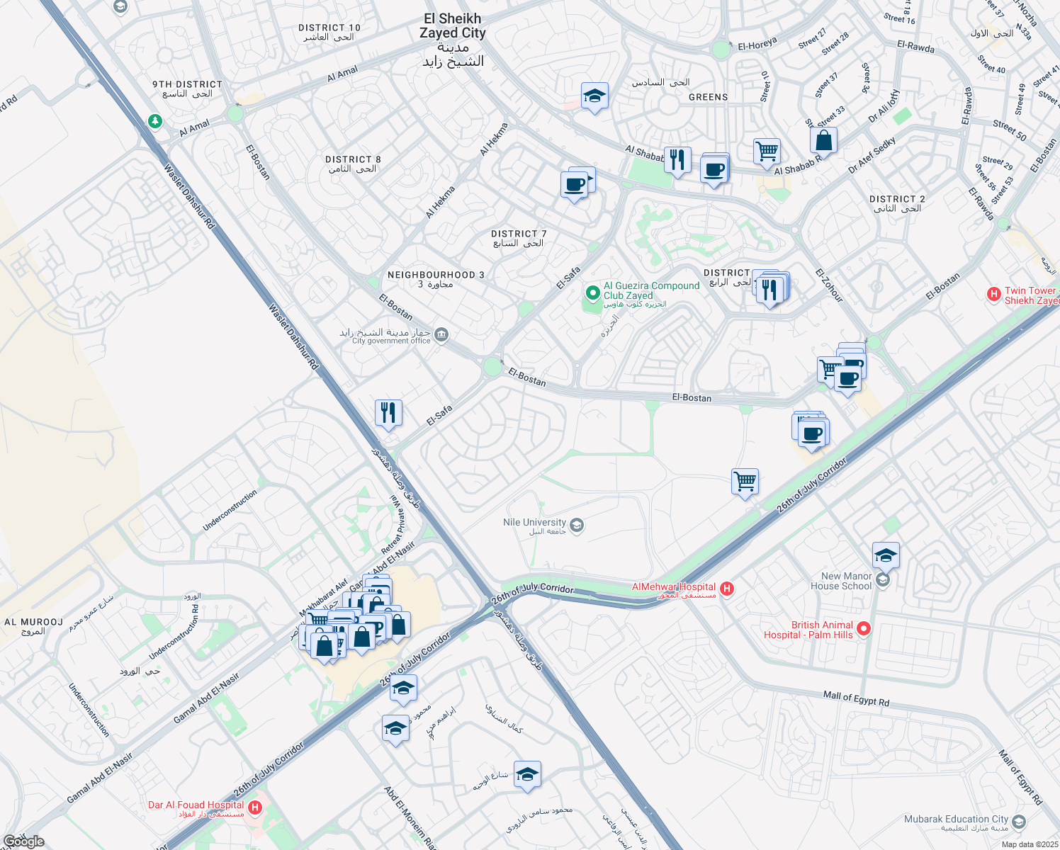 map of restaurants, bars, coffee shops, grocery stores, and more near in أول الشيخ زايد
