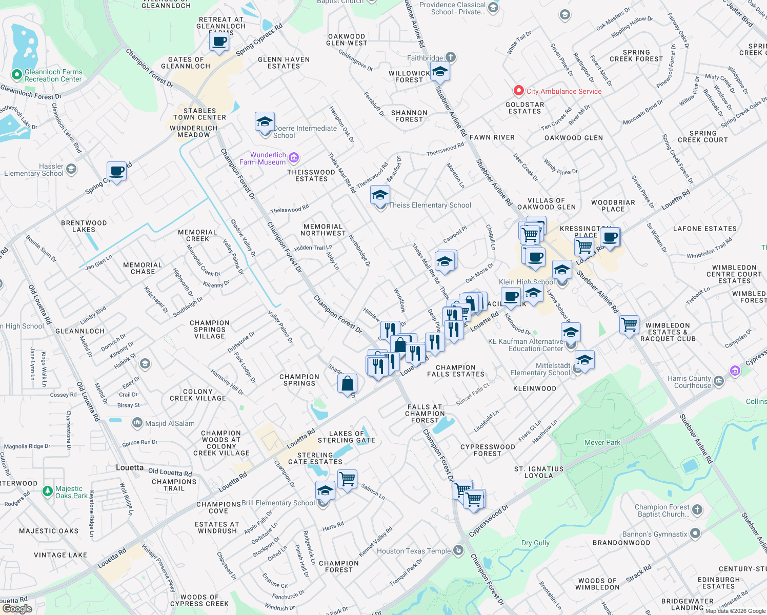 map of restaurants, bars, coffee shops, grocery stores, and more near 8122 Winding Oak Lane in Spring