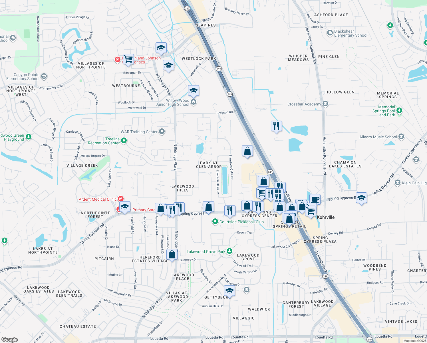 map of restaurants, bars, coffee shops, grocery stores, and more near 11703 Park Cedar Ct in Tomball