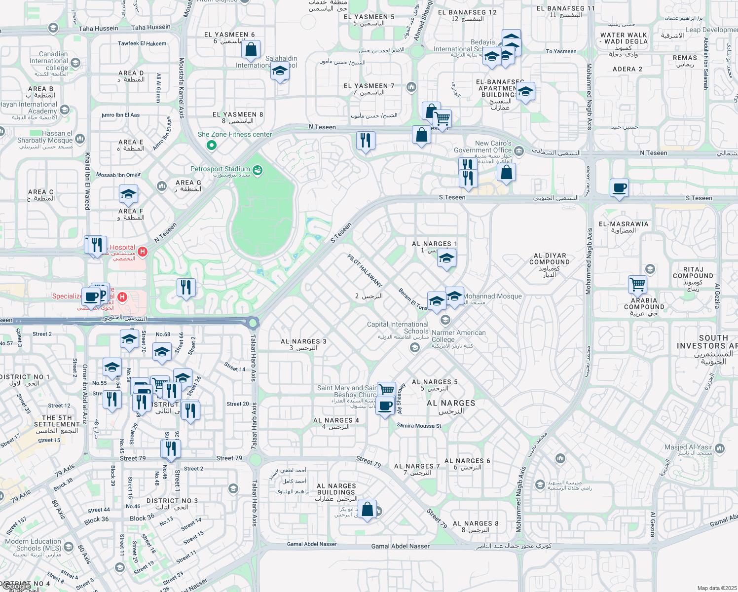 map of restaurants, bars, coffee shops, grocery stores, and more near in قسم أول القاهرة الجديدة