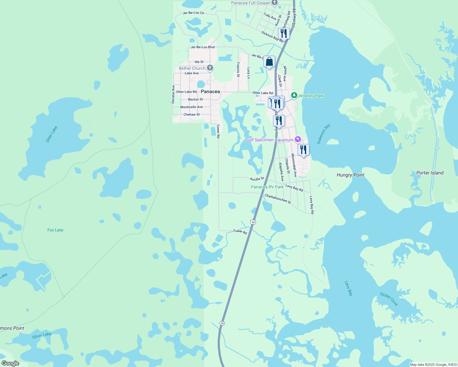 map of restaurants, bars, coffee shops, grocery stores, and more near 70 Harrison Street in Panacea