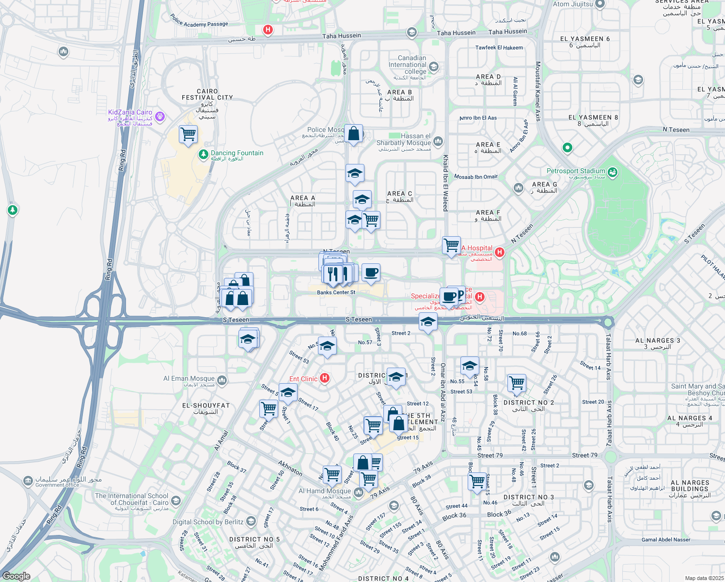 map of restaurants, bars, coffee shops, grocery stores, and more near 11 Al Shouyfat in New Cairo 1