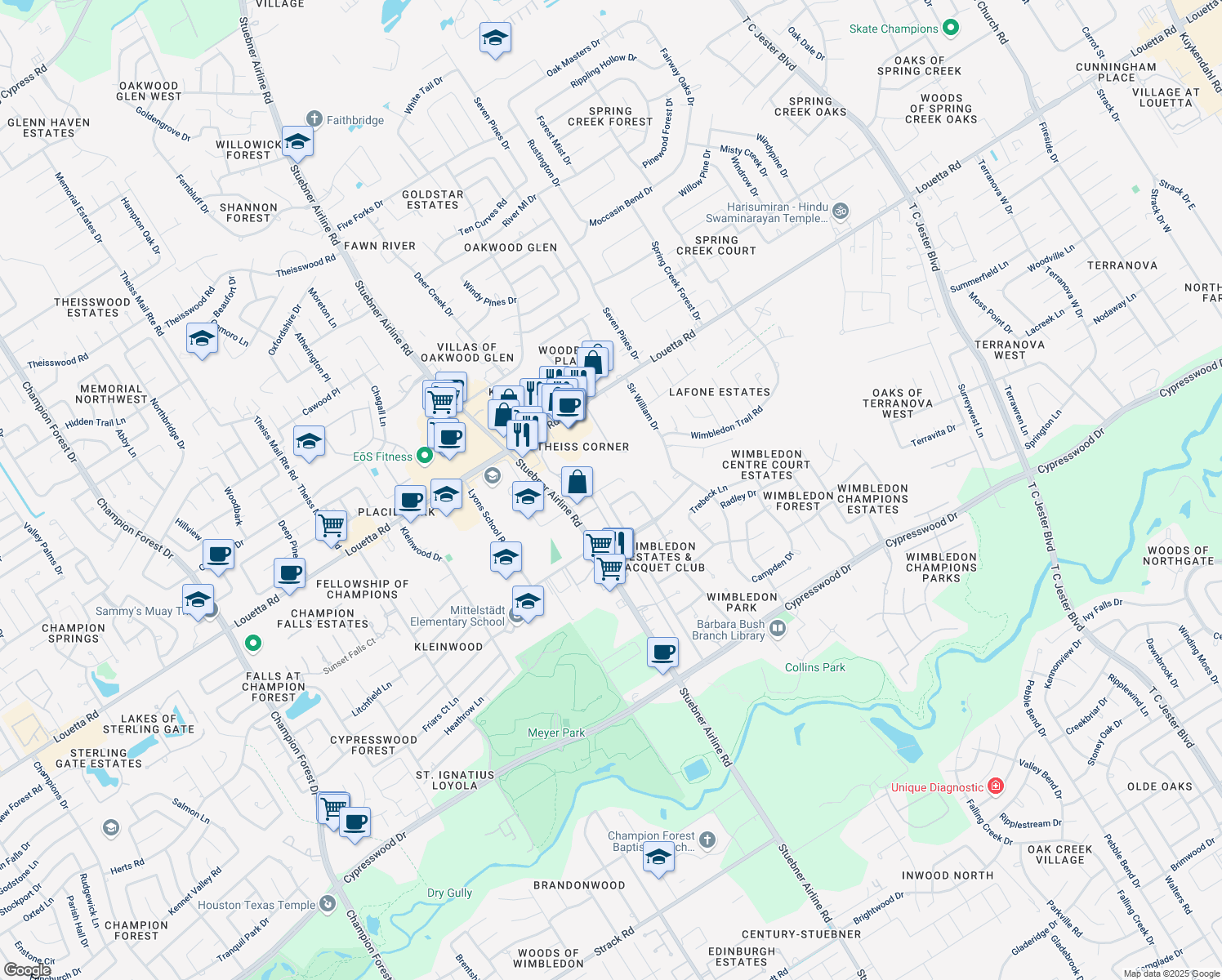 map of restaurants, bars, coffee shops, grocery stores, and more near 6923 Worcester Dr in Spring