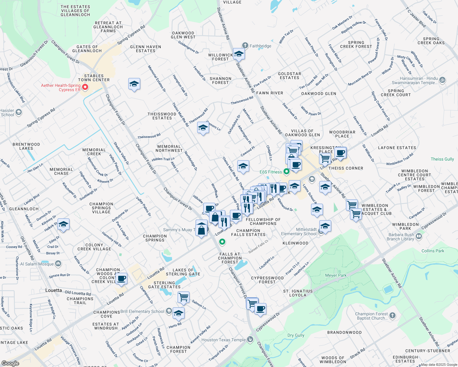 map of restaurants, bars, coffee shops, grocery stores, and more near 7931 Astley Lane in Spring