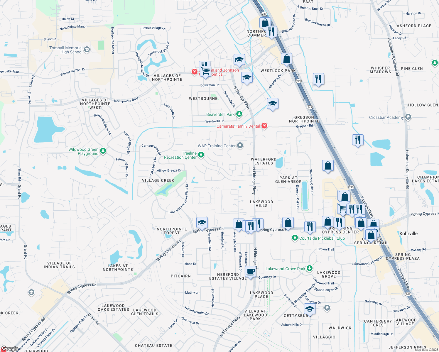 map of restaurants, bars, coffee shops, grocery stores, and more near 17506 Seidelstone Court in Tomball