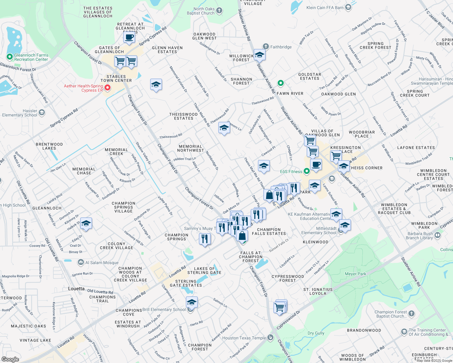 map of restaurants, bars, coffee shops, grocery stores, and more near 17122 Carriage Dale Court in Spring