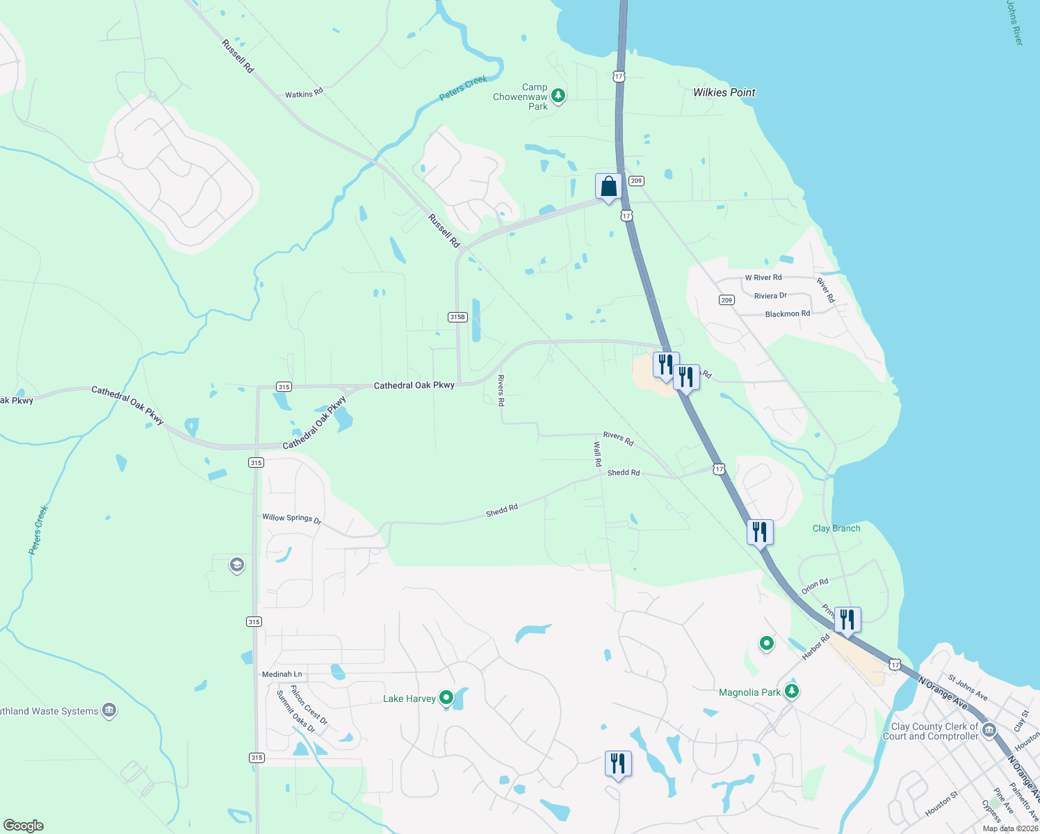 map of restaurants, bars, coffee shops, grocery stores, and more near 1582 Rivers Road in Green Cove Springs