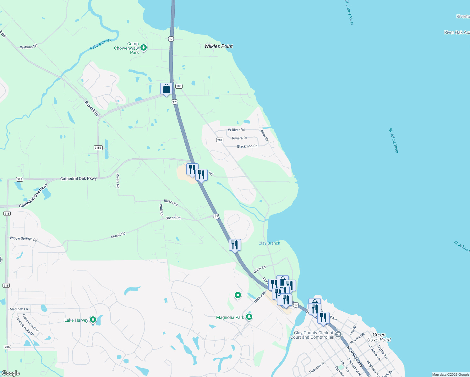 map of restaurants, bars, coffee shops, grocery stores, and more near 3302 Virginia Lane in Green Cove Springs