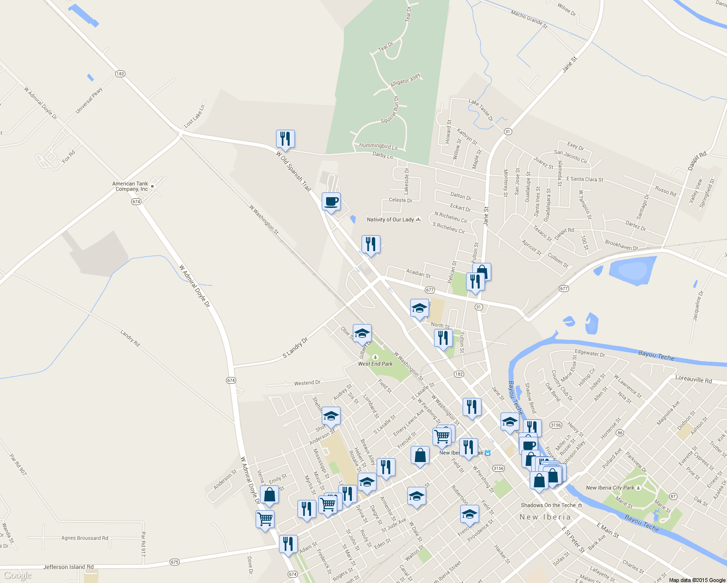 map of restaurants, bars, coffee shops, grocery stores, and more near 200 South Landry Drive in New Iberia