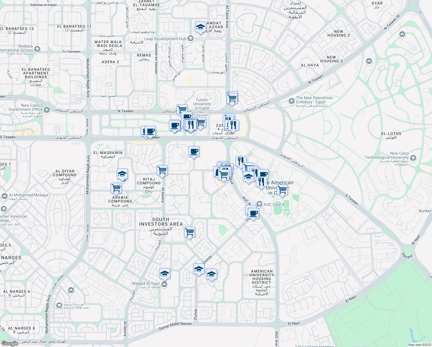 map of restaurants, bars, coffee shops, grocery stores, and more near in New Cairo 1