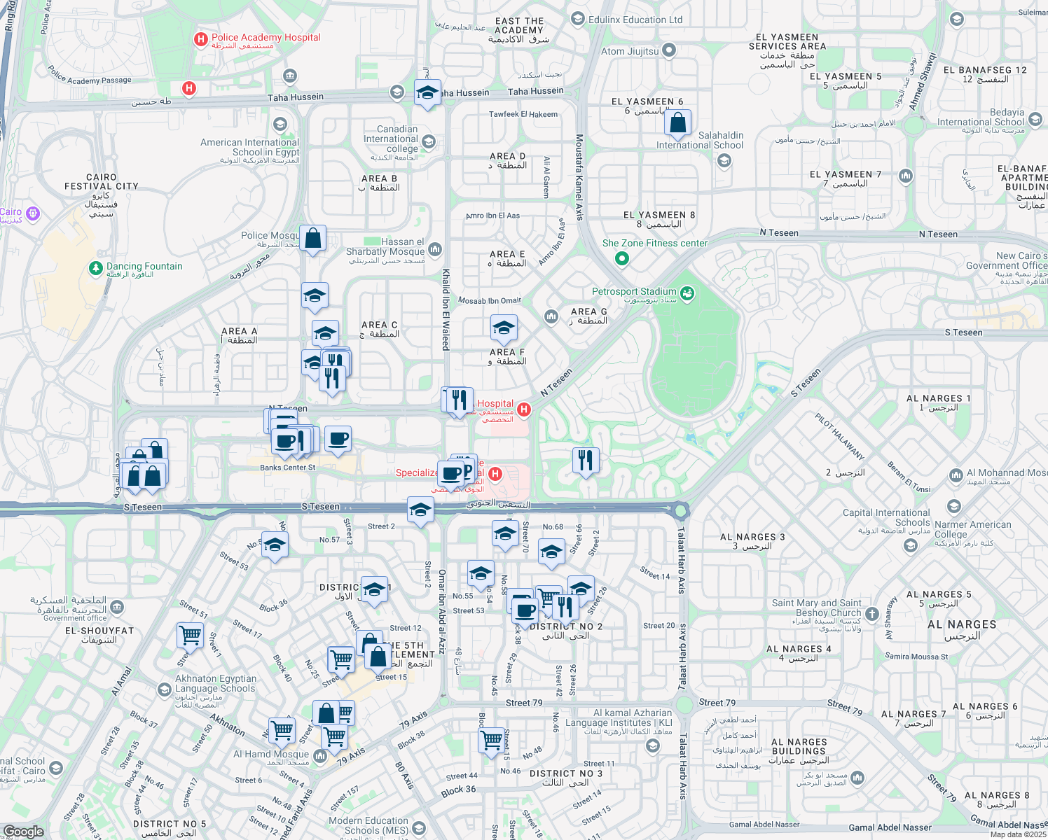 map of restaurants, bars, coffee shops, grocery stores, and more near شارع North Teseen in New Cairo 1