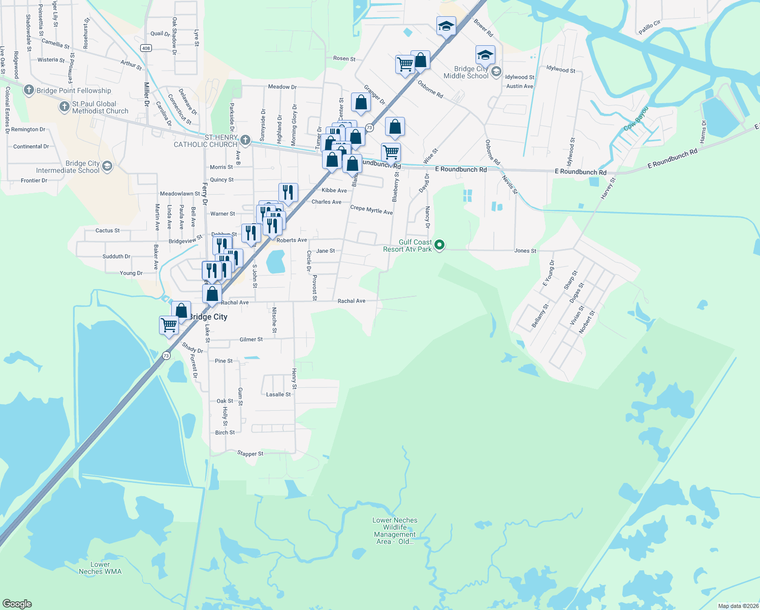 map of restaurants, bars, coffee shops, grocery stores, and more near 605 Blueberry Street in Bridge City