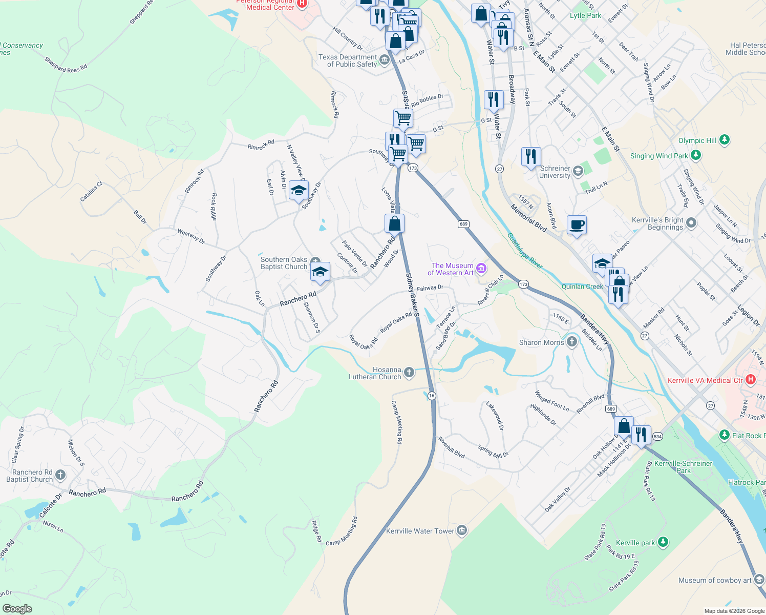 map of restaurants, bars, coffee shops, grocery stores, and more near 109 Royal Oaks Rd in Kerrville