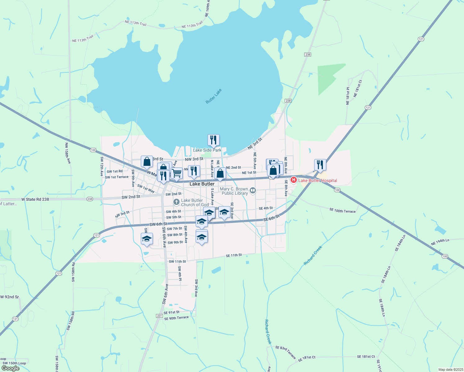 map of restaurants, bars, coffee shops, grocery stores, and more near 115 Southeast 3rd Avenue in Lake Butler