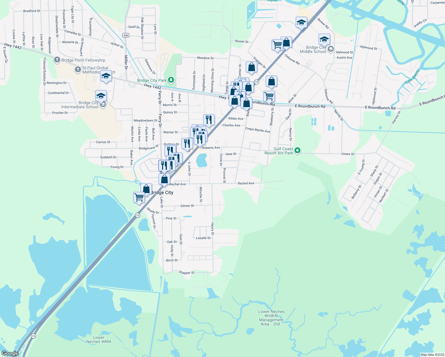 map of restaurants, bars, coffee shops, grocery stores, and more near 107 Provost St in Bridge City