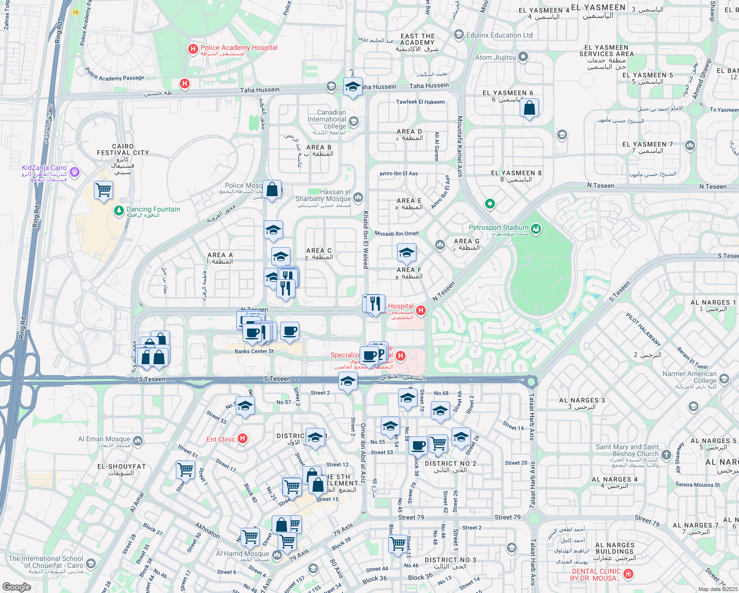map of restaurants, bars, coffee shops, grocery stores, and more near in New Cairo 1