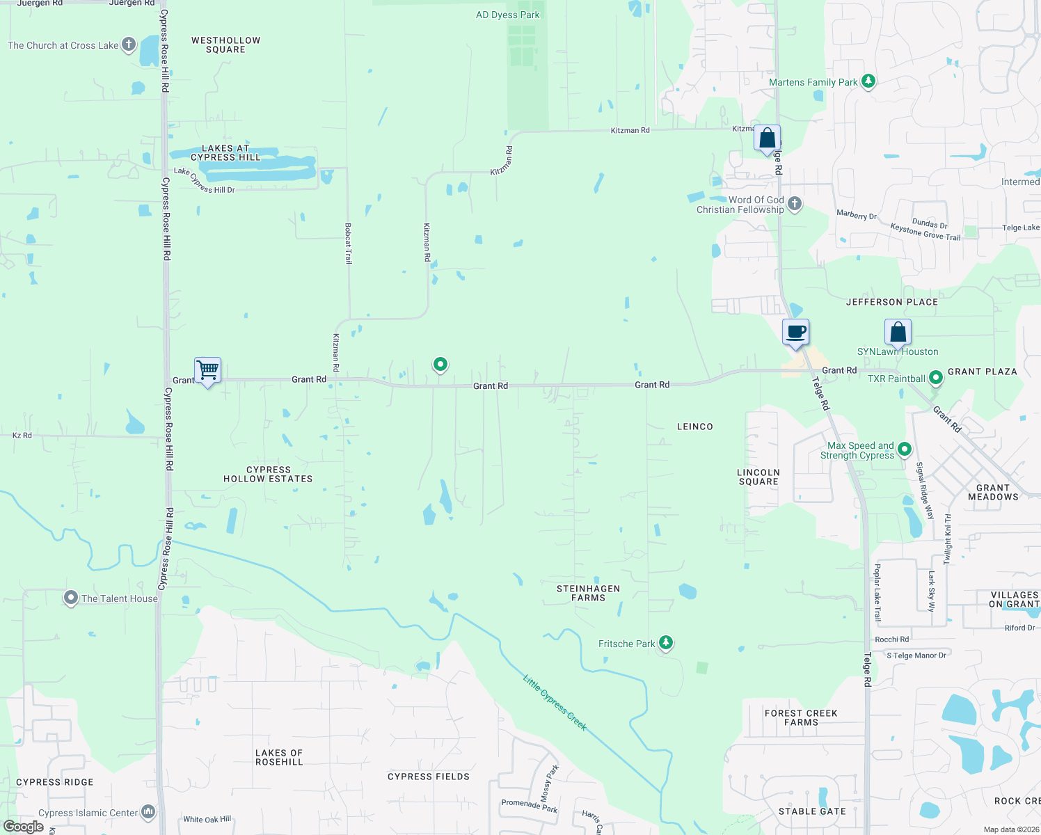 map of restaurants, bars, coffee shops, grocery stores, and more near 16843 Grant Rd in Cypress