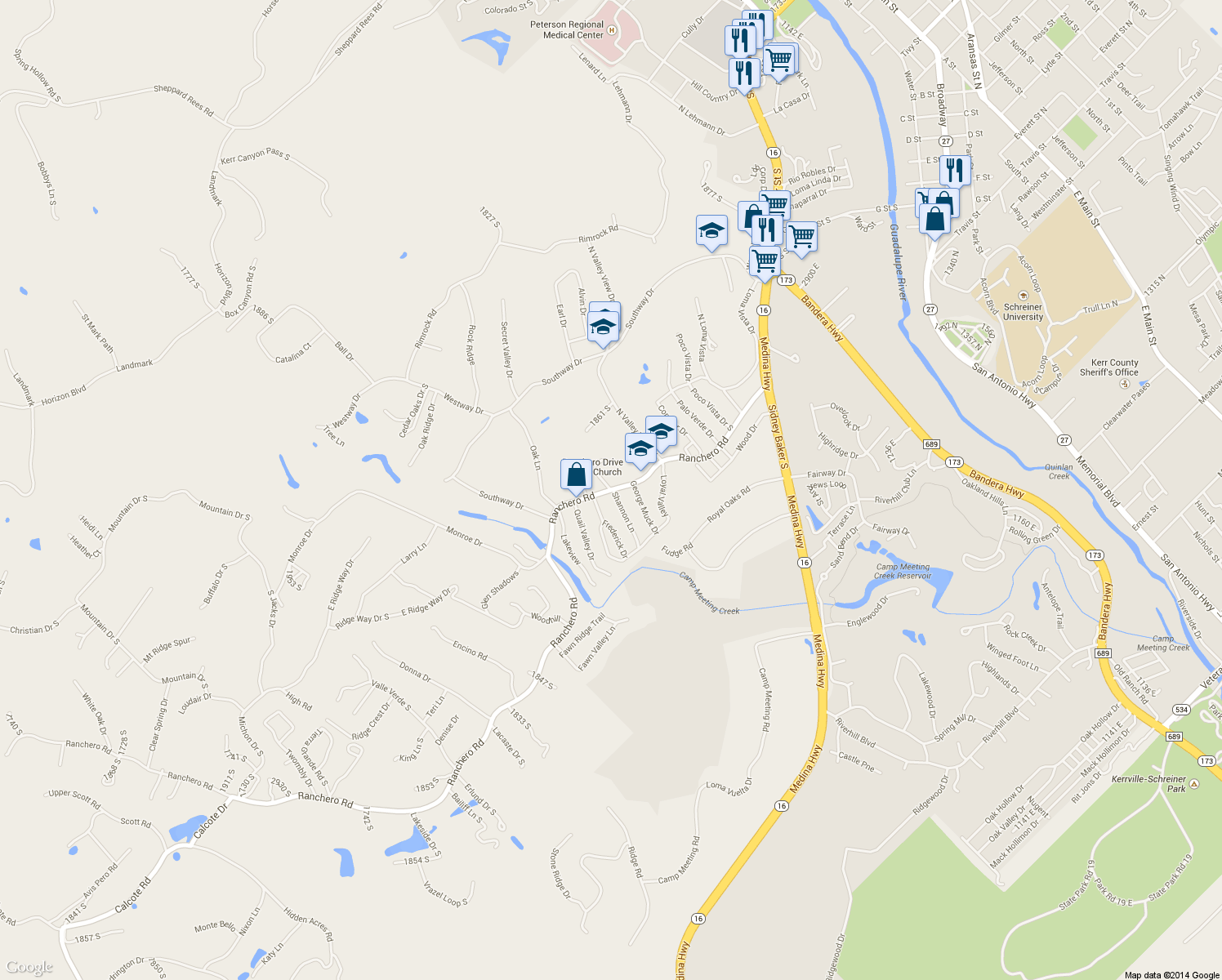 map of restaurants, bars, coffee shops, grocery stores, and more near 713 Ranchero Road in Kerrville