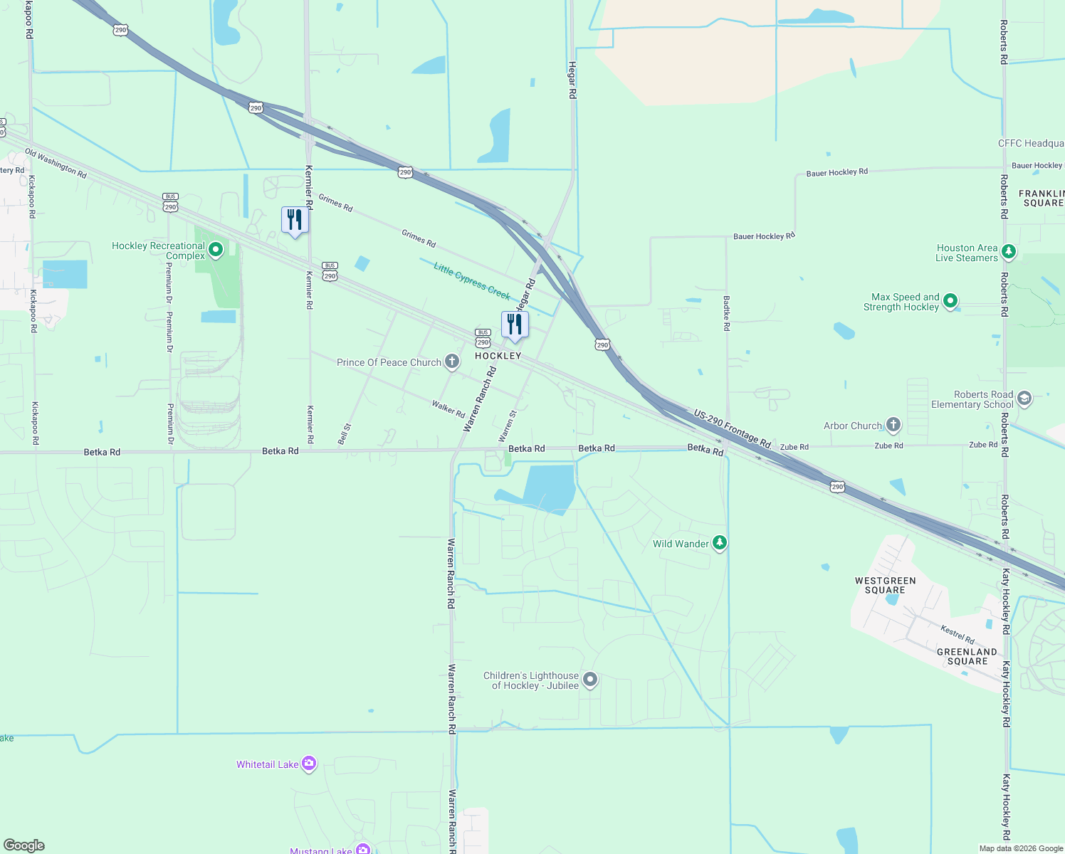 map of restaurants, bars, coffee shops, grocery stores, and more near 26848 Betka Road in Hockley