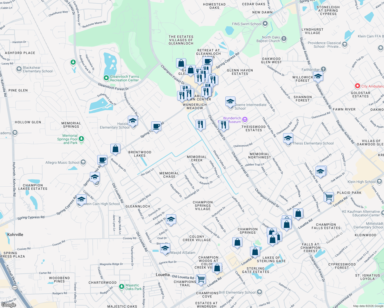 map of restaurants, bars, coffee shops, grocery stores, and more near 8819 Edenbridge Street in Spring