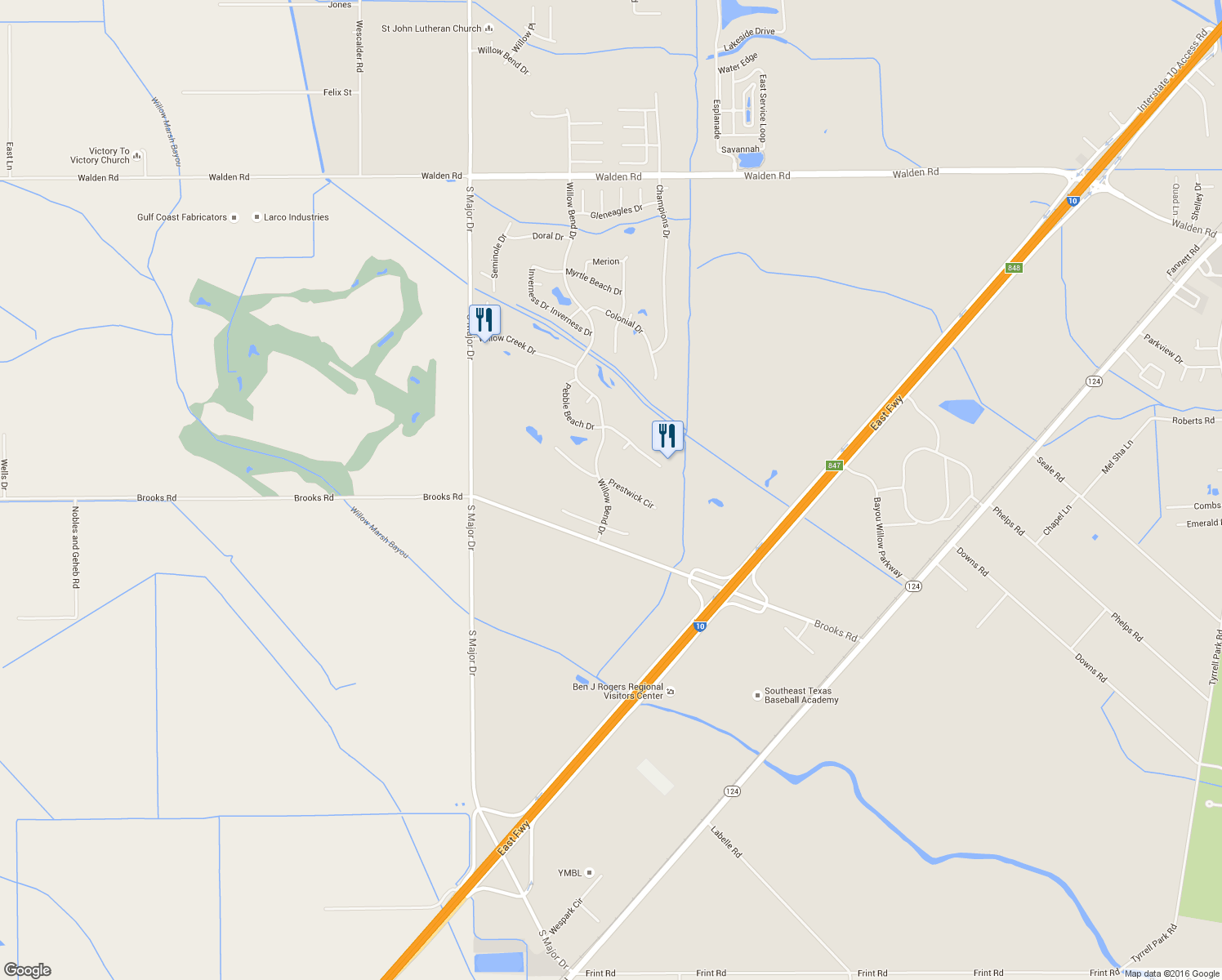 map of restaurants, bars, coffee shops, grocery stores, and more near 7485 Prestwick Circle in Beaumont