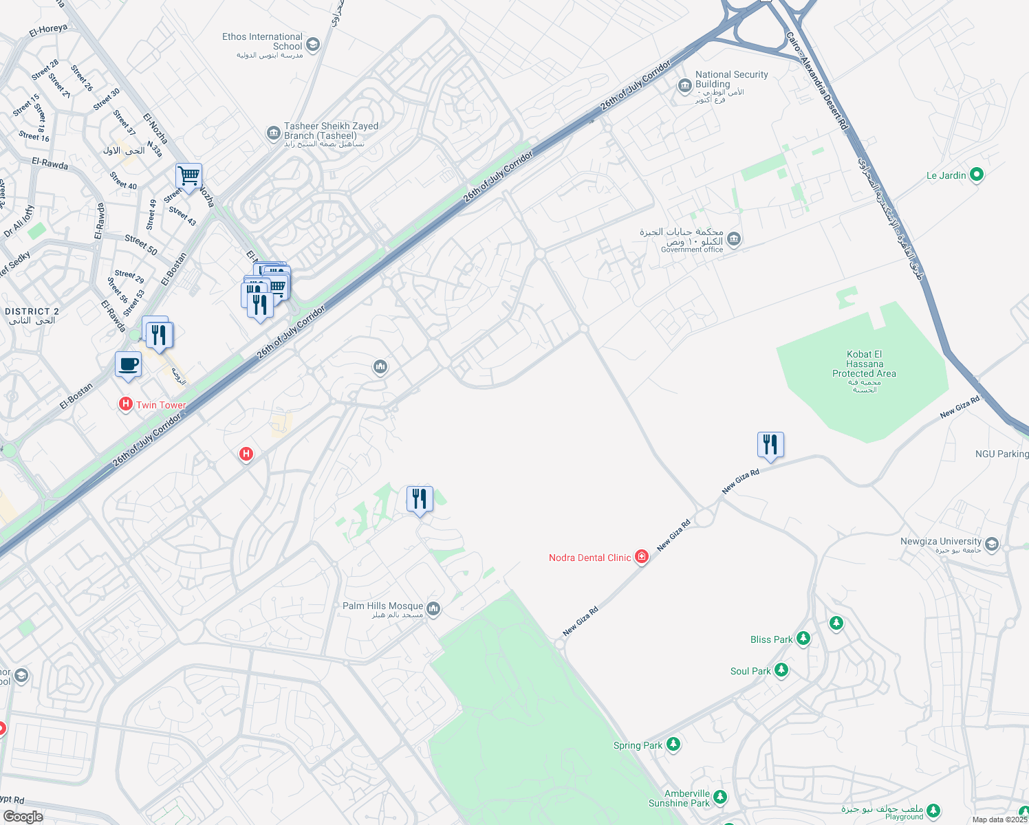 map of restaurants, bars, coffee shops, grocery stores, and more near 139 مدينة الخمايل in Second Al Sheikh Zayed