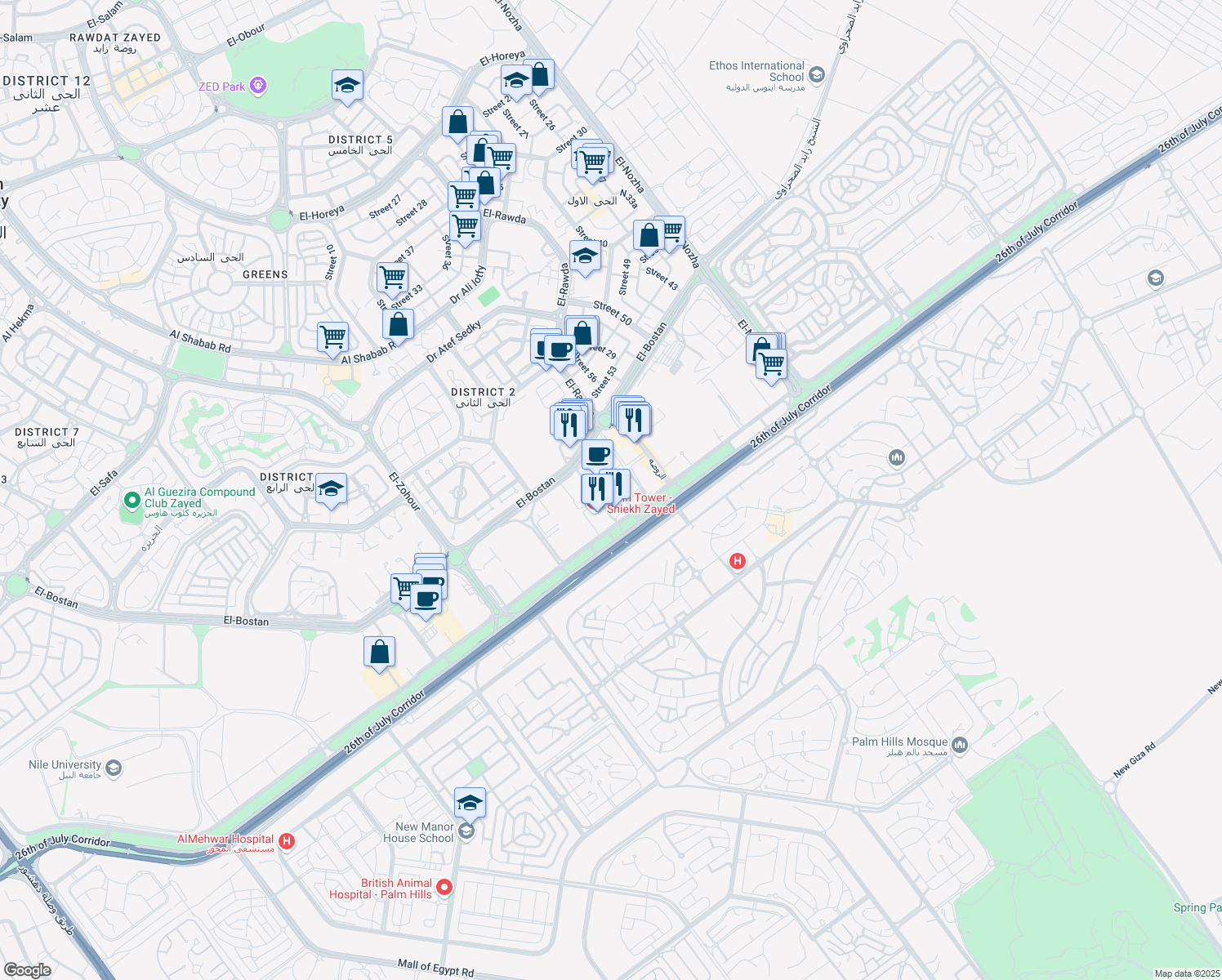 map of restaurants, bars, coffee shops, grocery stores, and more near 26th of July Corridor in First Al Sheikh Zayed